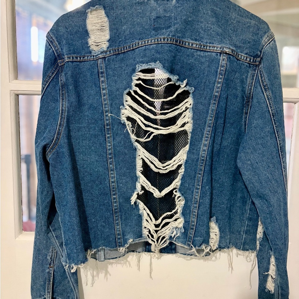 Boom Boom Jeans Distressed Dark Blue Denim Jacket - Picture 3 of 3